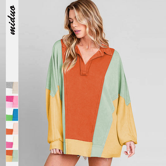 Dame afslappet oversized Sweatshirt med lynlås og farverigt patchwork-design Stilla