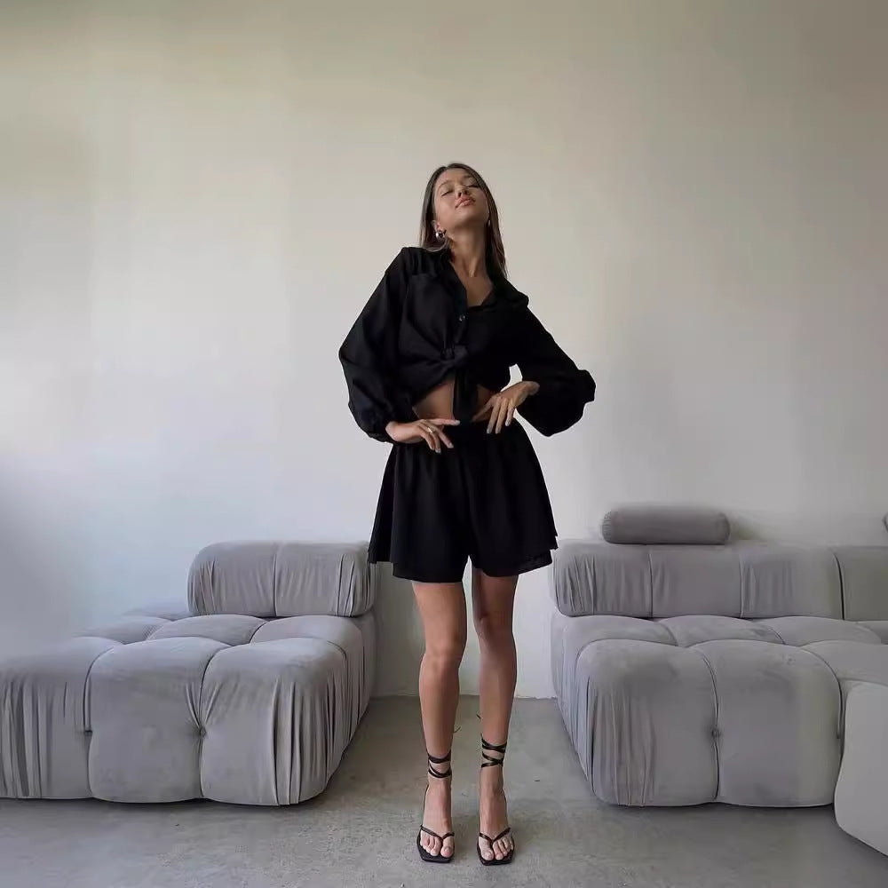 Dame afslappet kortærmet skjorte og shorts sæt Stilla