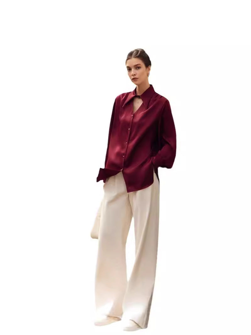 Dame Elegant Bluse med omslagkrave og knapdetaljer Stilla