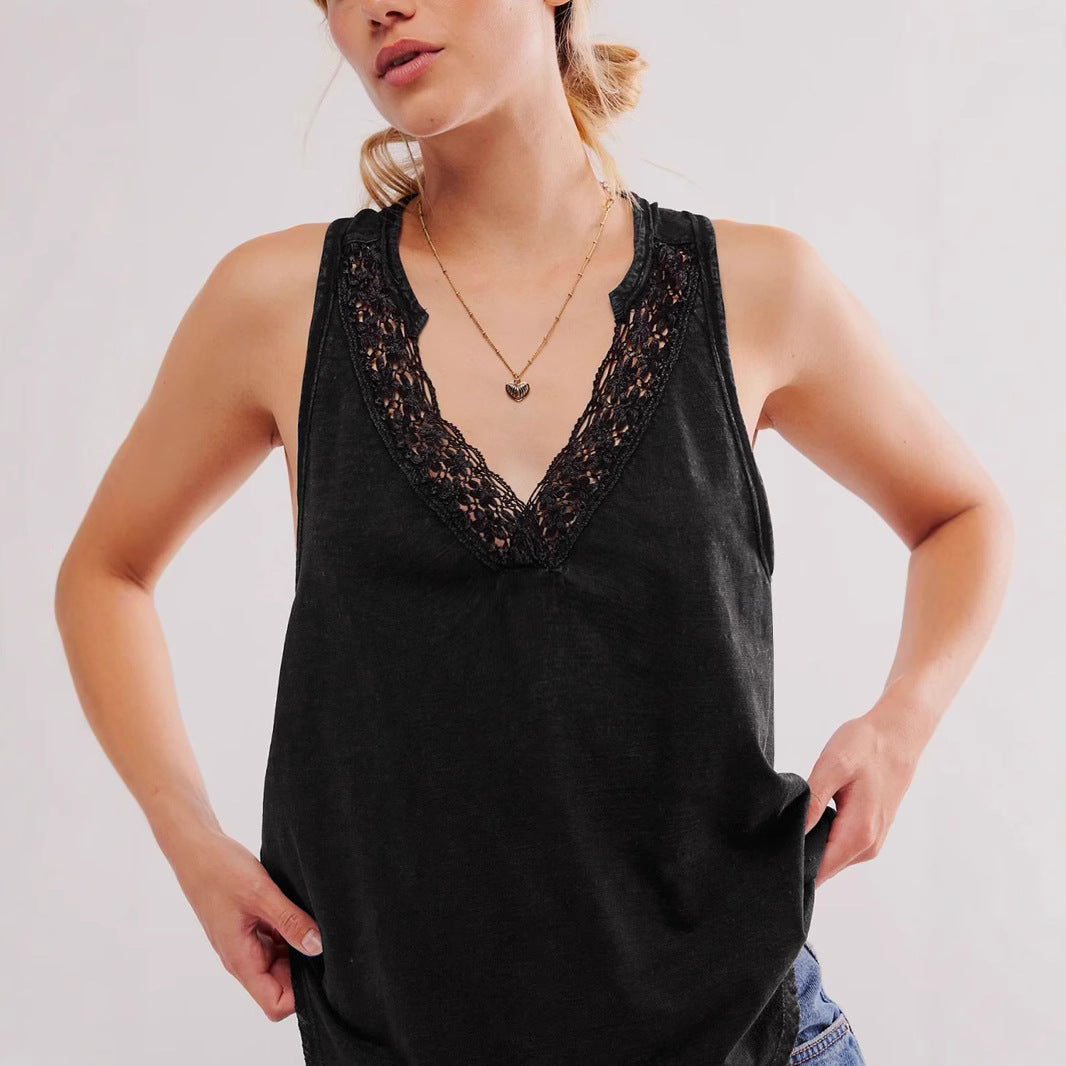 Dame afslappet spaghetti-top med romantiske spidsdetaljer og dyb V-udskæring Stilla