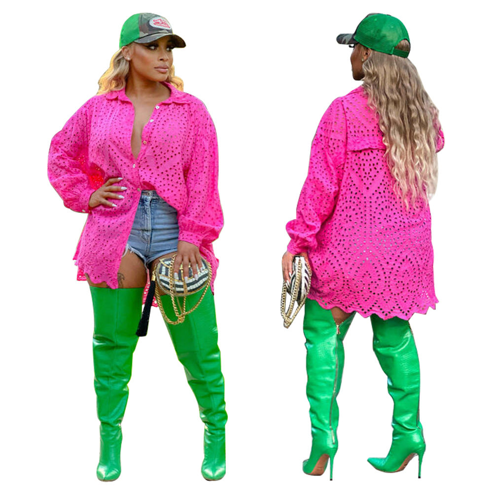 Dame afslappet oversized-bluse med hulmønster og skjortekrave Stilla