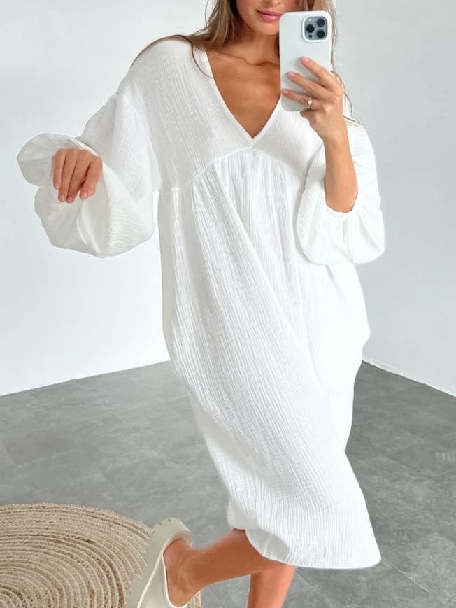 Dame afslappet oversized kjole med voluminøse ærmer og V-udskæring Stilla