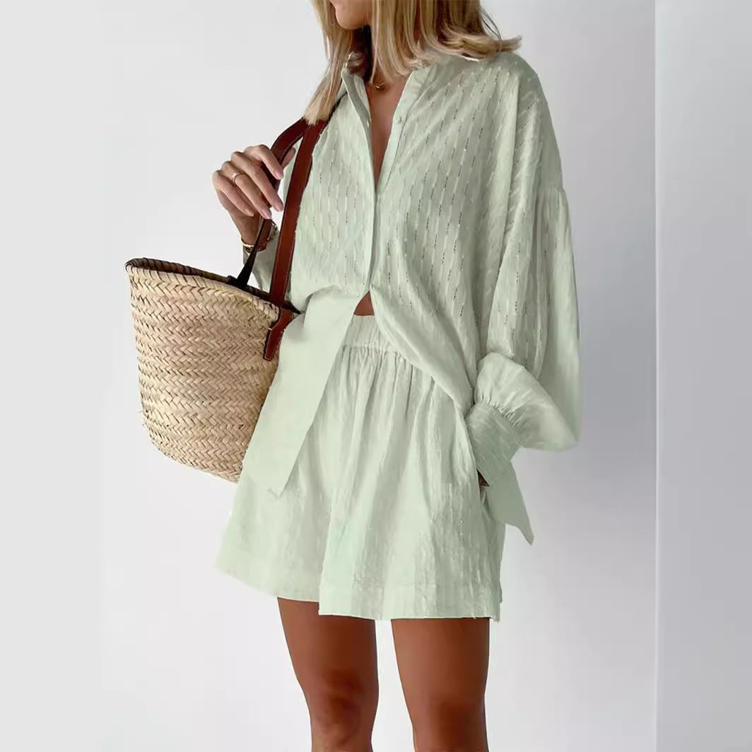 Dame afslappet skjorte og shorts sæt med fint mønster Stilla