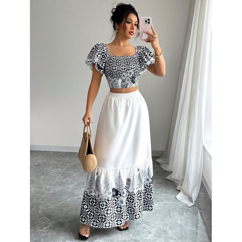 Dame Crop-top med voluminøse ærmer og elegant nederdel Stilla