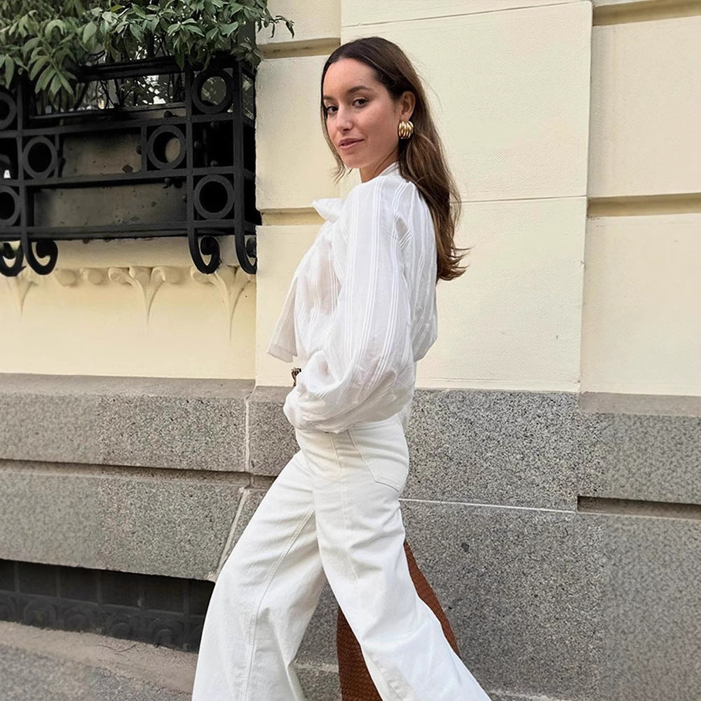 Dame elegant bluse med sløjfe-detalje og stribet design Stilla