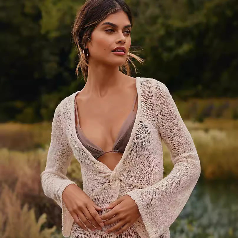 Dame åben strik cover-up med lange ærmer og bindebælte Stilla