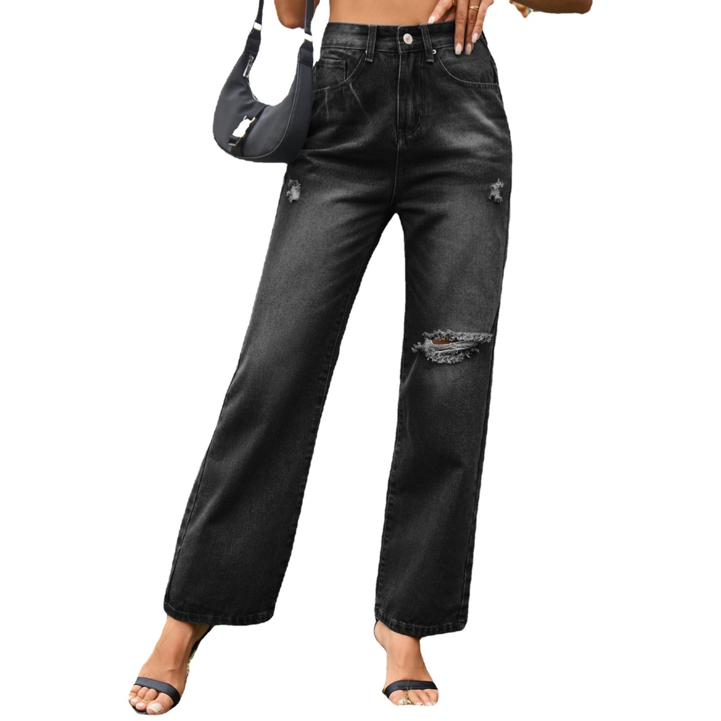 Dame High-Waist Jeans med Destroyed-detaljer og bredt ben Stilla