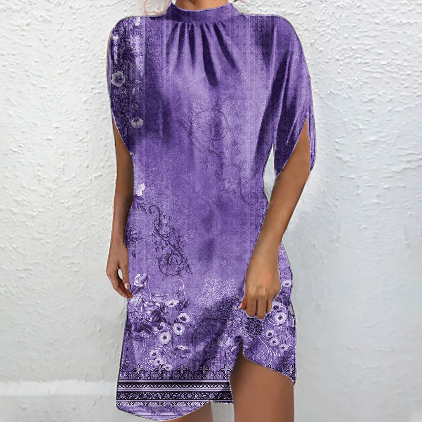 Dame Elegant Høj Hals Blomster Mini Kjole Stilla