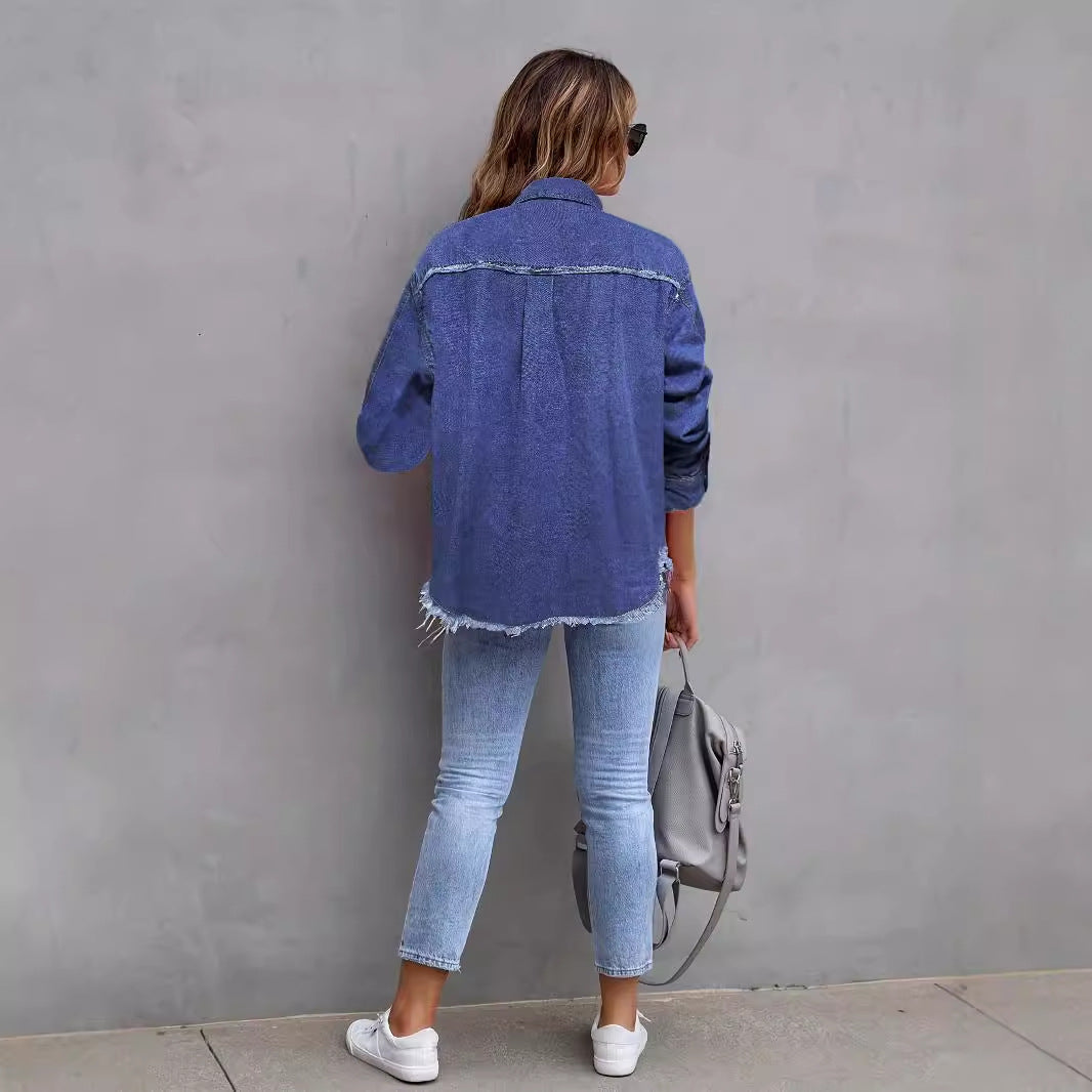 Dame afslappet jeans skjortejakke med frynser og påsyede lommer Stilla