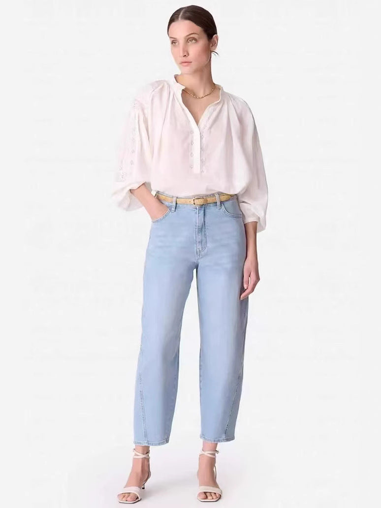 Dame afslappet bluse med fint V-udskæring og voluminøse ærmer Stilla