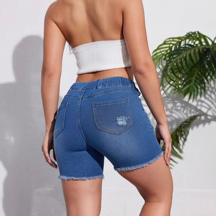 Dame afslappede denim shorts med fashionable rifter detaljer og justerbar talje Stilla