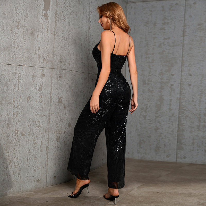 Dame Glamourøs Jumpsuit med funklende Pailletter og dyb V-udskæring Stilla