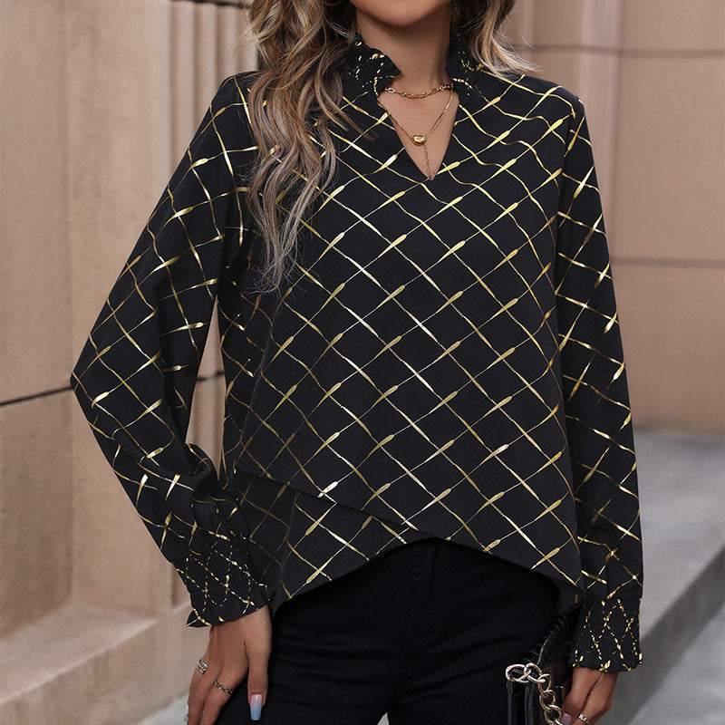 Dame Elegant Bluse med skinnende ternet mønster Stilla