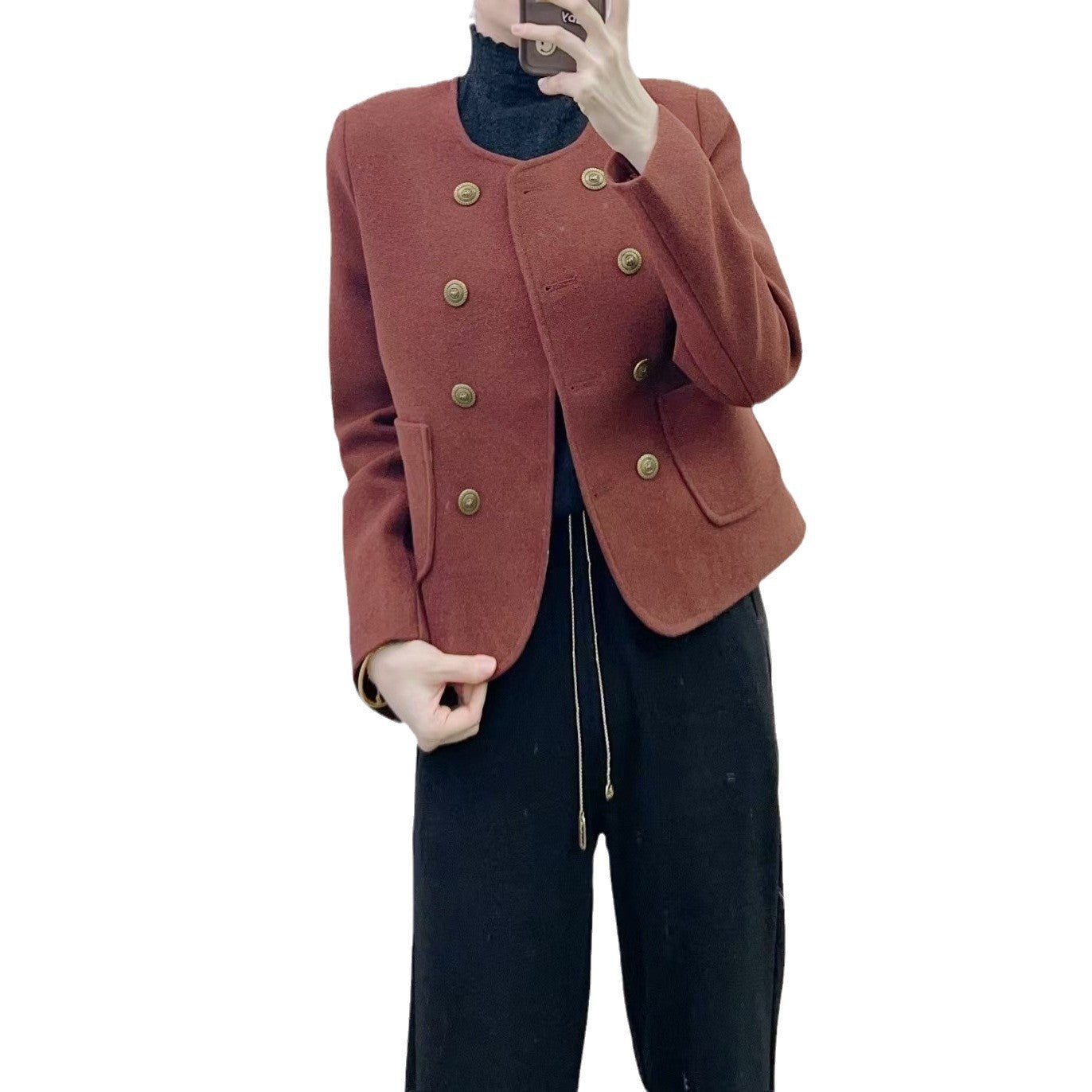 Dame elegant Boucle-jakke med dobbelt knaplukning og praktiske lommer Stilla