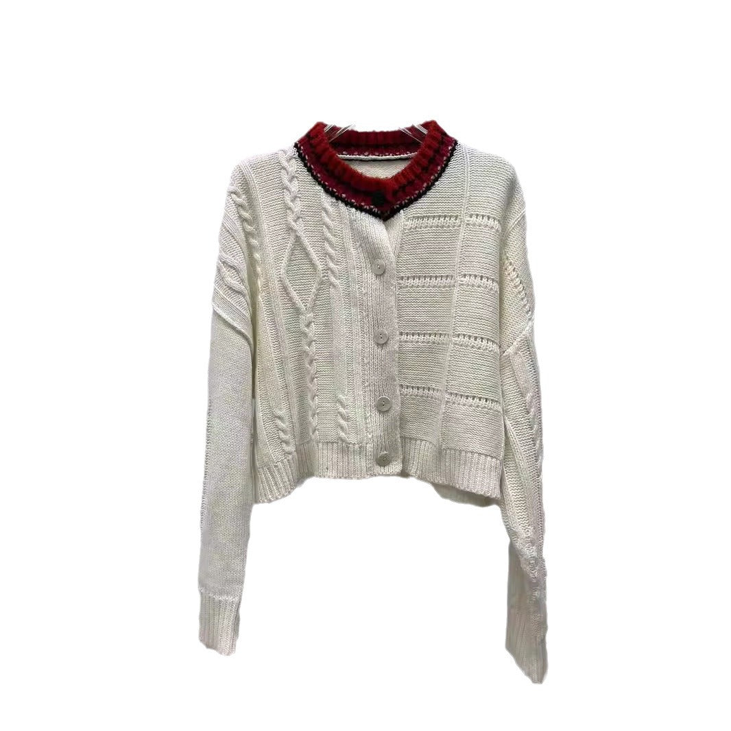 Dame cropped strikjakke med to teksturer og voluminøs krave Stilla