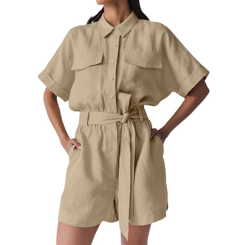 Dame behagelig kort jumpsuit med mode skjortekrave og bindebælte Stilla