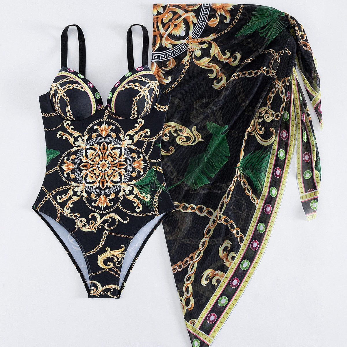 Dame Elegant Éntøj Badedragt med modige dekorationer og matchende tørklæde Stilla