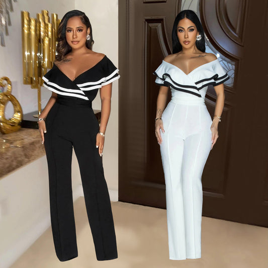Dame Elegant Off-Shoulder Jumpsuit med ruffles detaljer og tætsiddende snit Stilla