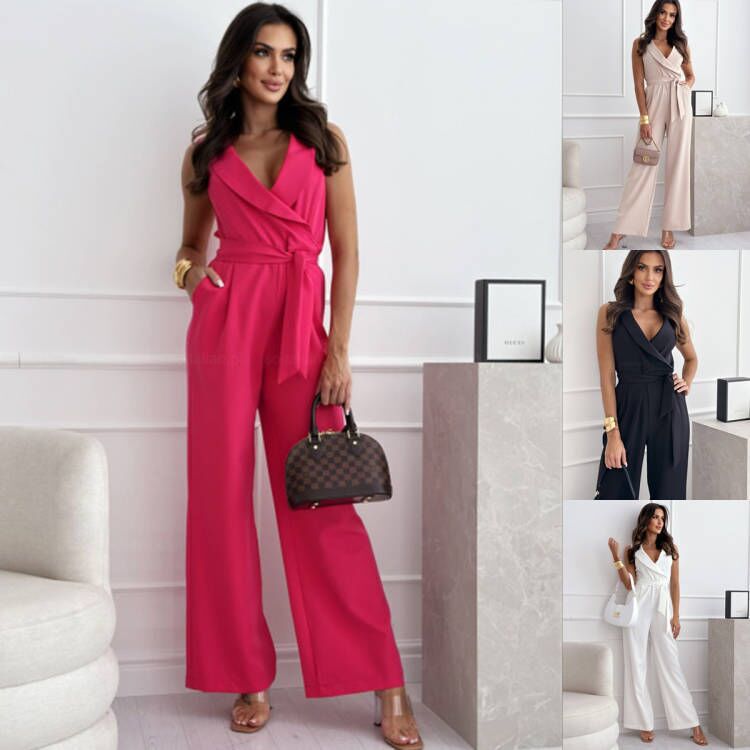 Dame Elegant Jumpsuit med dyb V-udskæring og taljebælte Stilla