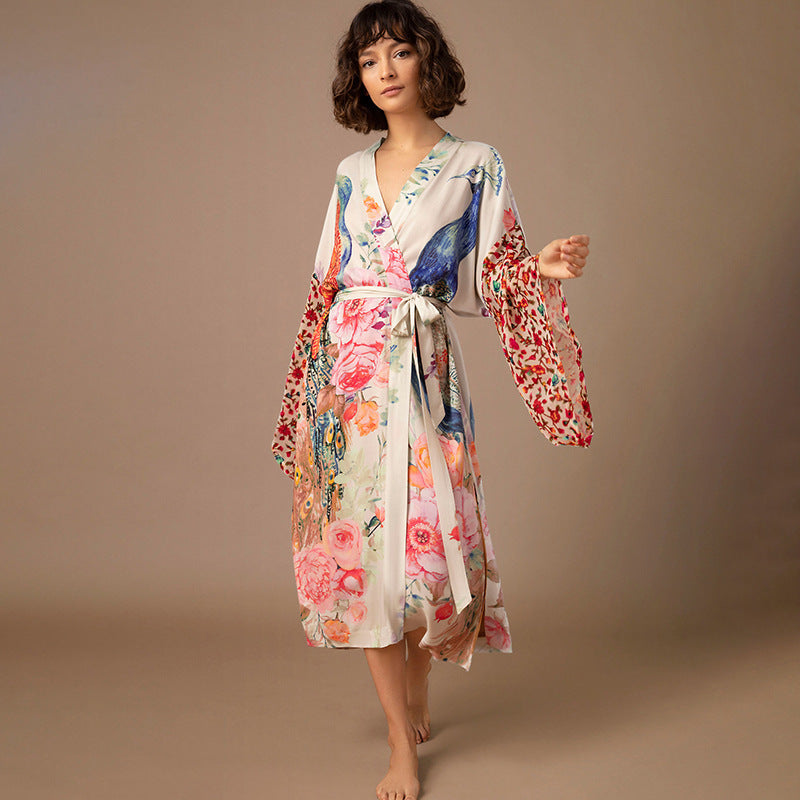 Dame elegant Kimono-Style Morgenkåbe med blomstermotiv Stilla
