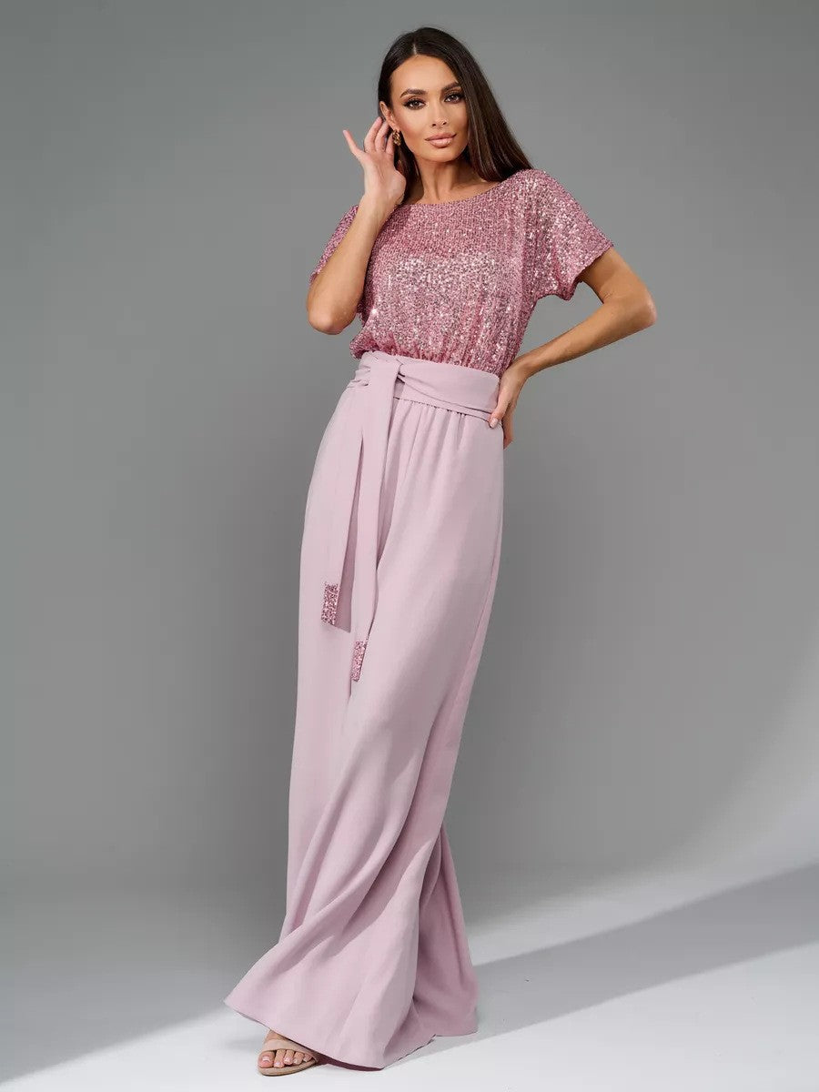 Dame Glitrende Jumpsuit med bredt ben og taljebælte Stilla
