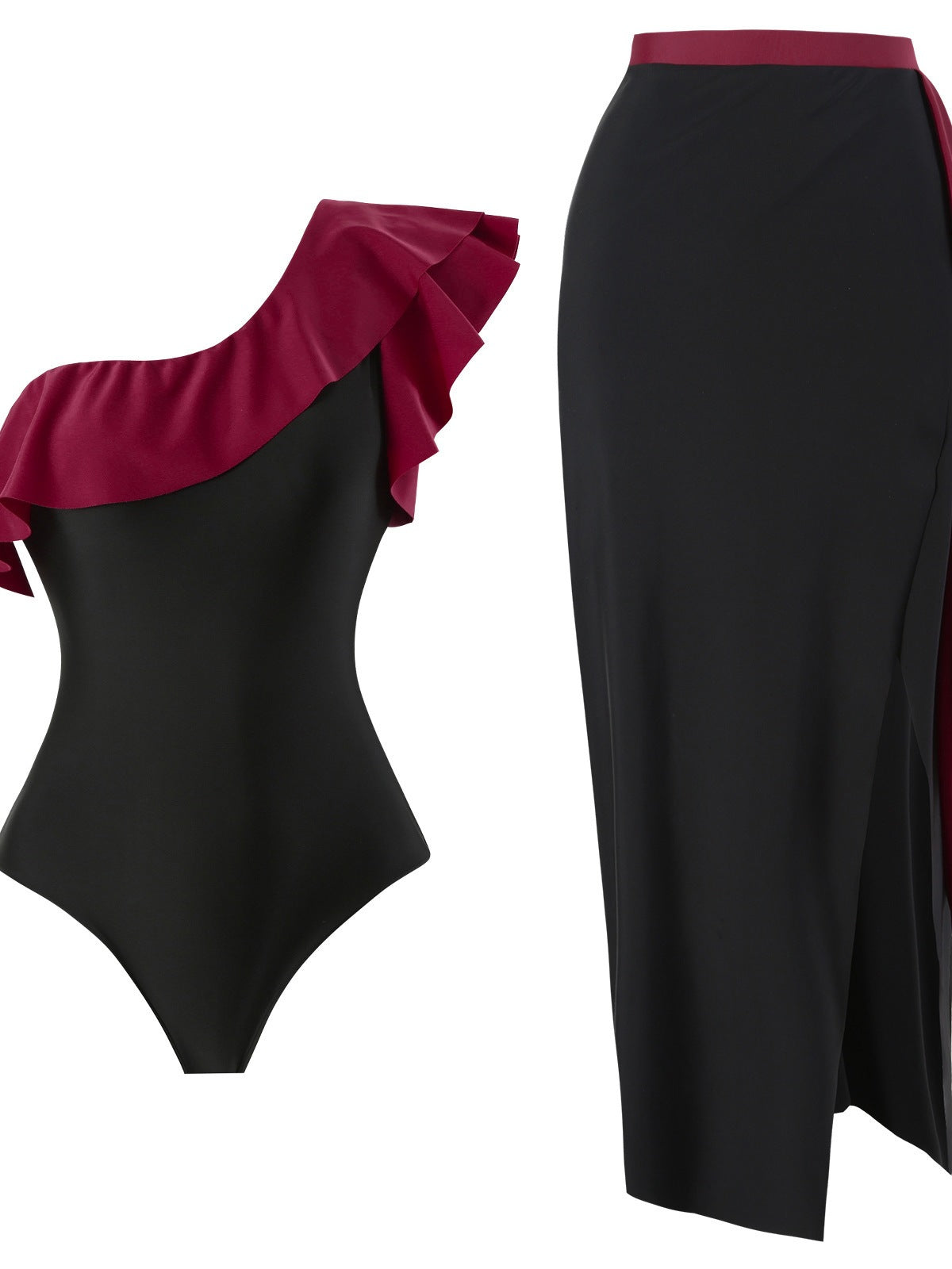 Dame elegant heldragt badedragt med asymmetrisk ruffles design og matchende omslagsskørt Stilla