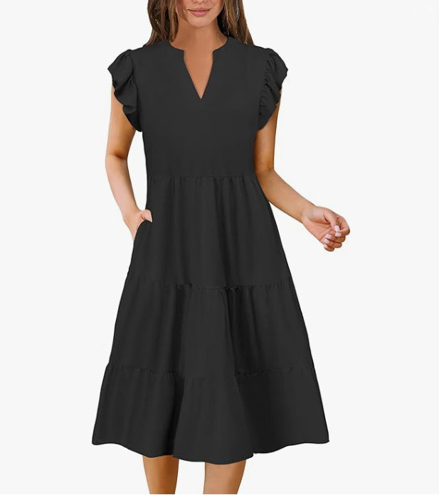 Dame afslappet sommerkjole med uldne ærmer og V-hals Stilla