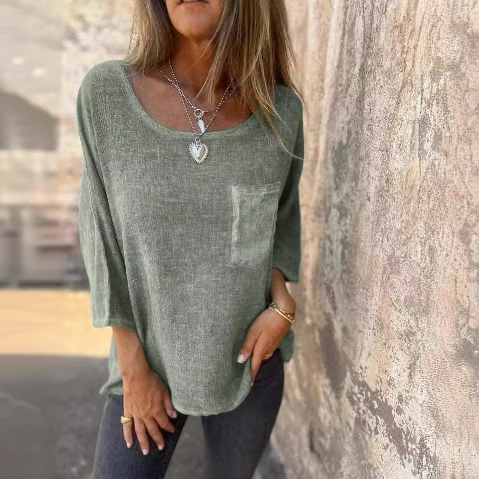 Dame afslappet linned skjorte med praktisk brystlomme og bred pasform Stilla