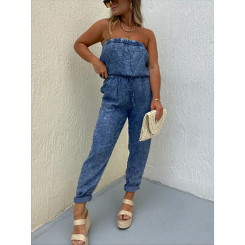 Dame jumpsuit med skulderfri silhuet og elastisk talje Stilla