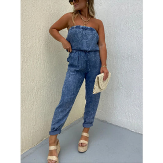 Dame jumpsuit med skulderfri silhuet og elastisk talje Stilla