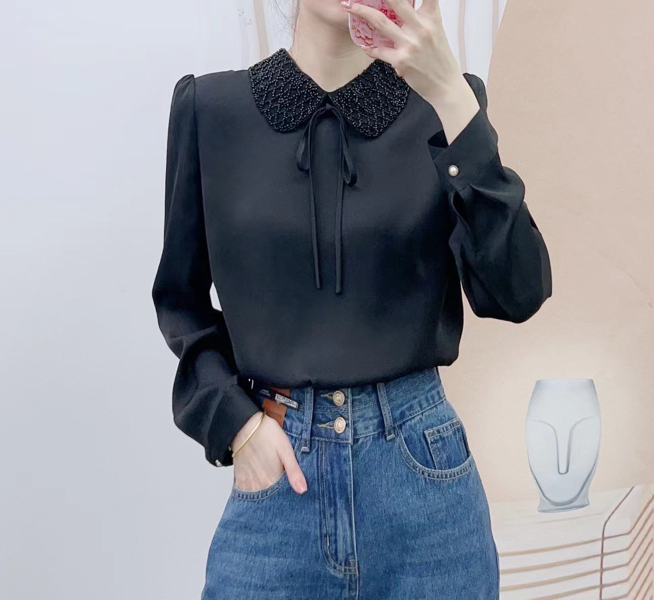 Dame Elegant Bluse med dekorativ krave og fine flæse detaljer Stilla