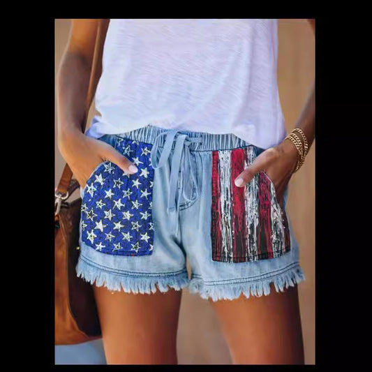 Dame Denim-shorts med patriotiske lommer og afslappet kant Stilla