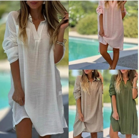 Dame afslappet skjortekjole med elegante oversized ærmer og flydende snit Stilla