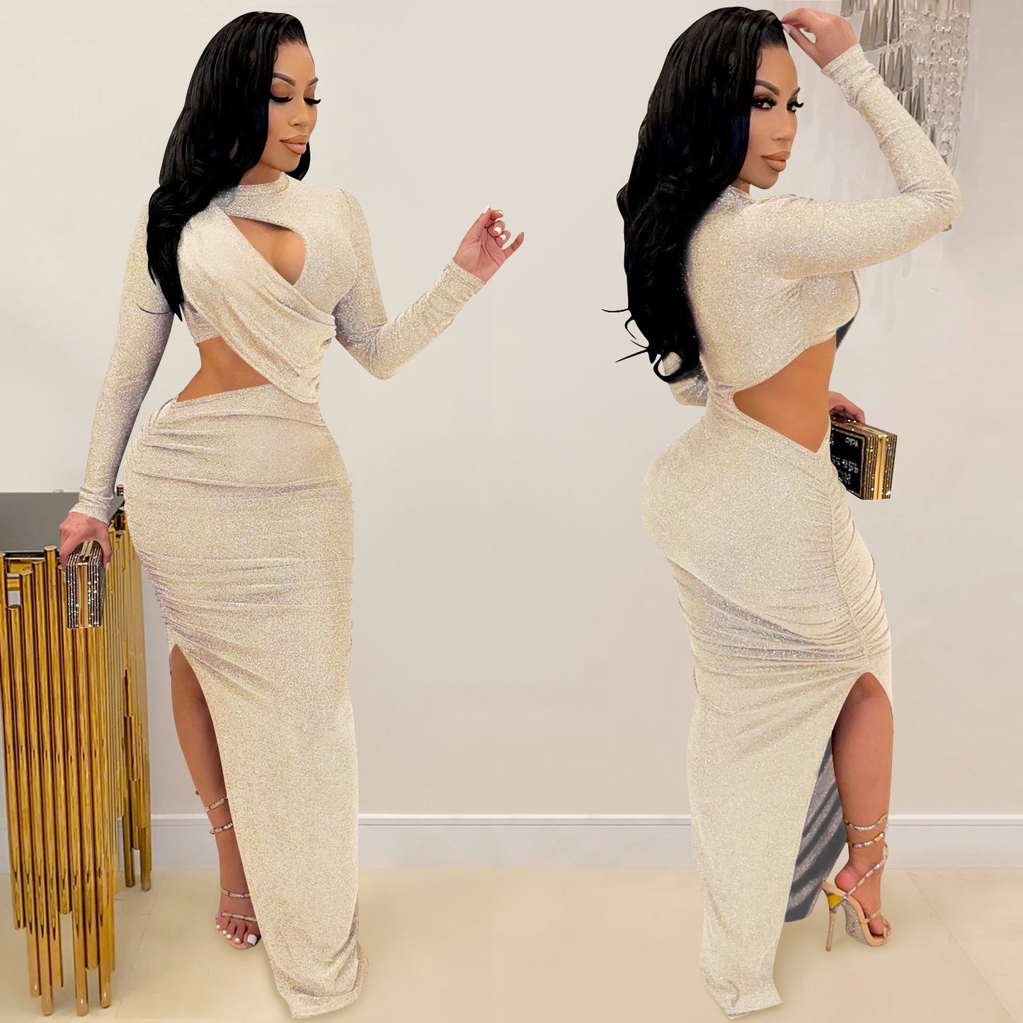 Dame Elegant Cut-Out Maxikjole med lange ærmer og raffineret slids Stilla