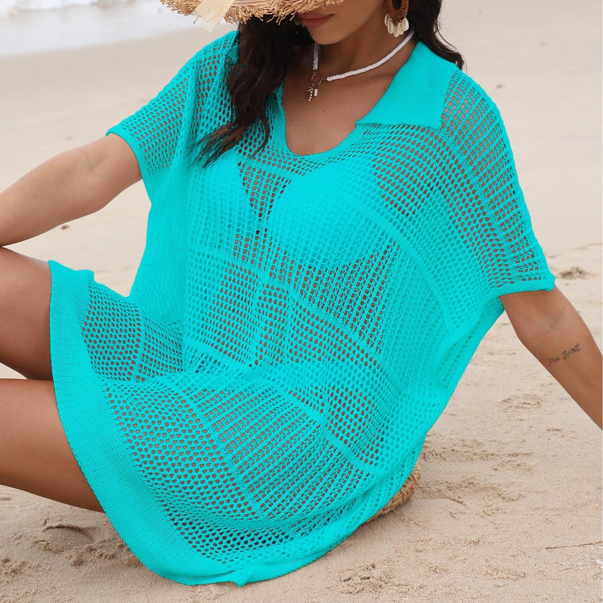 Dame afslappet net strandtunika med åbne ærmer og smart snit Stilla