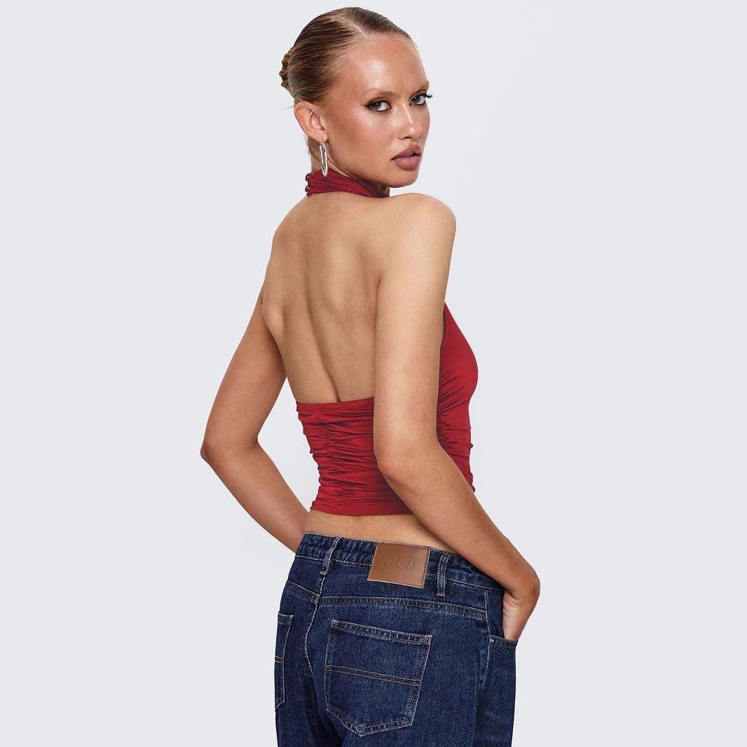 Dame afslappet crop-top med høj halsudskæring og dekorativ ruching Stilla