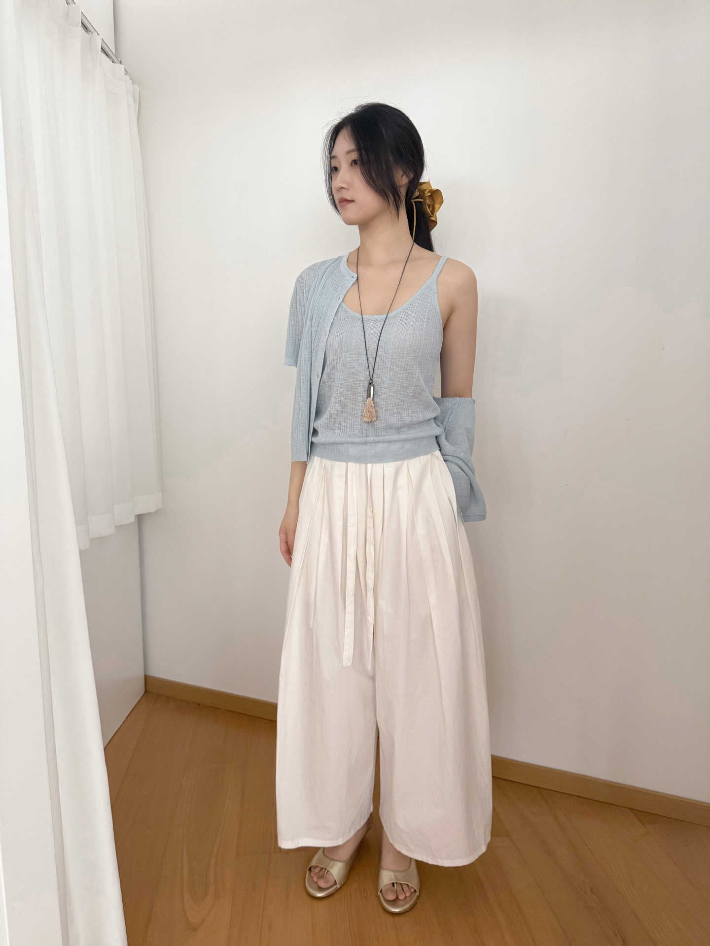 Dame afslappede crepe-bukser med elastisk talje og elegant bindebælte Stilla