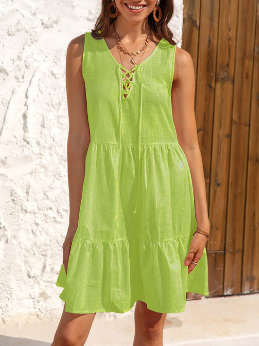 Dame afslappet sommerkjole med raffineret snørredetalje og fyldig skørt Stilla