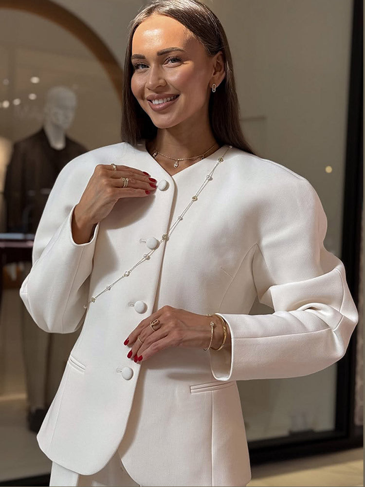 Dame Elegant Blazerjakke med fashionable Puffærmer og dekorativt Knapdesign Stilla