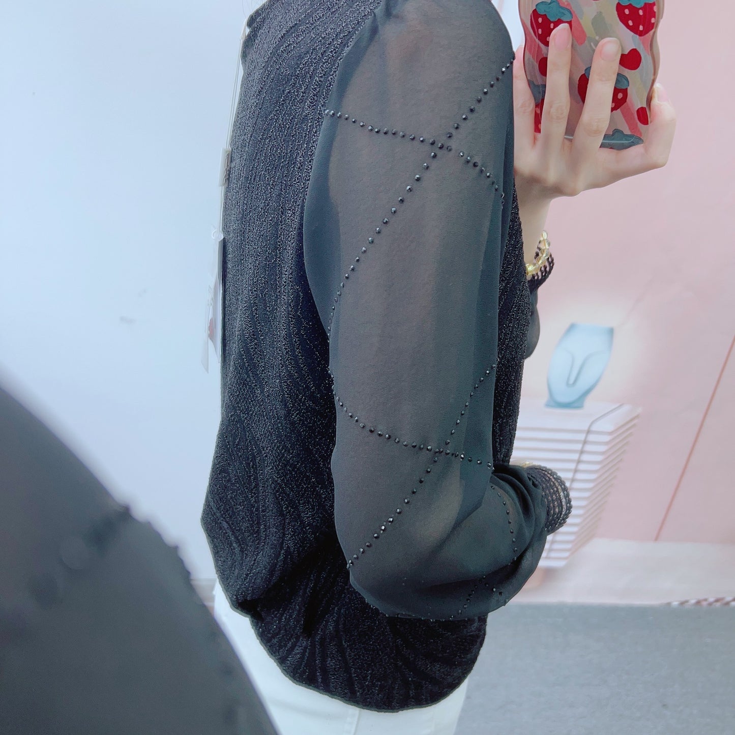 Dame Elegant Bluse med gennemsigtige pufærmer og kunstnerisk glitrende design Stilla