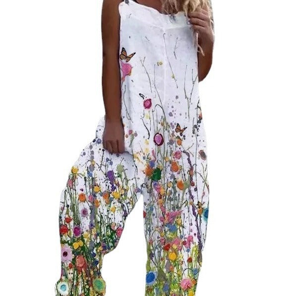 Dame luftig jumpsuit med farverigt blomstermønster og justerbare stropper Stilla