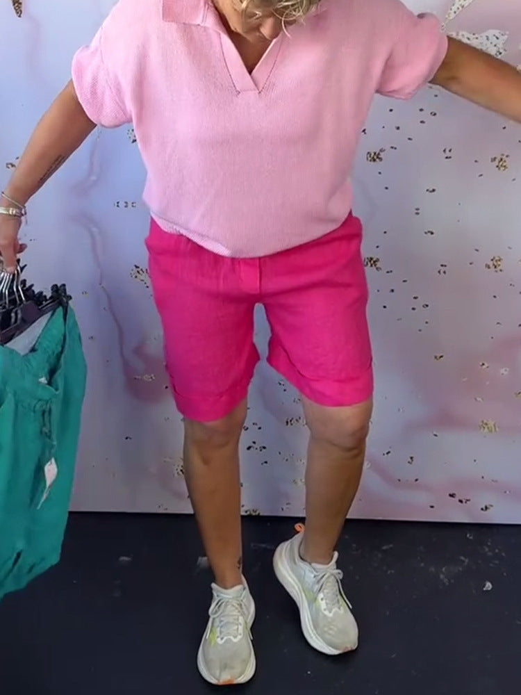 Dame afslappet linned bluse med V-hals og praktiske sidelommer Stilla