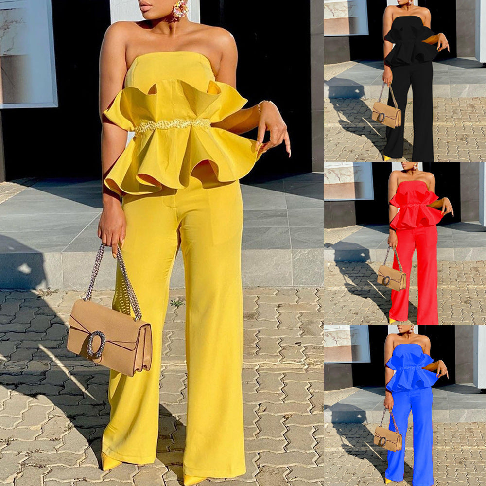Dame elegant jumpsuit med rynkedesignet overdel og bred ben Stilla