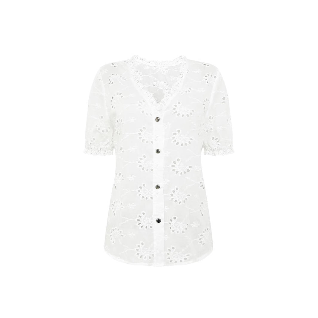 Dame elegant bluse med spidsdetaljer og knaplister Stilla