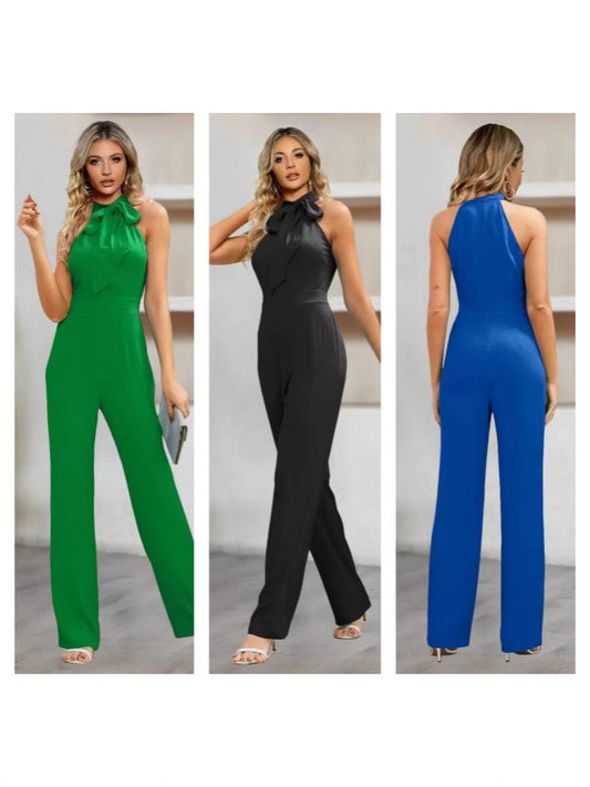 Dame jumpsuit med elegant sløjfe krave og bredt ben Stilla
