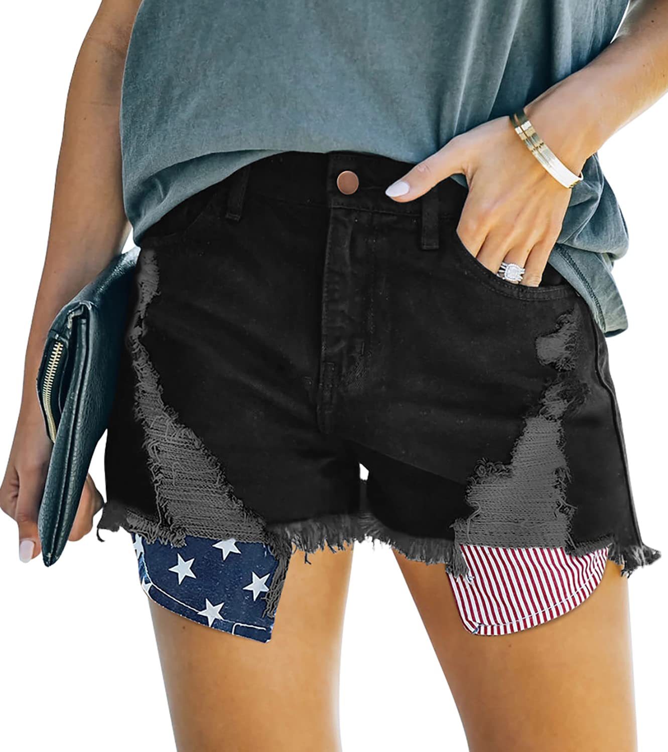 Dame afslappede Denim-shorts med moderigtige ripped-detaljer og Amerika-flags-elementer Stilla