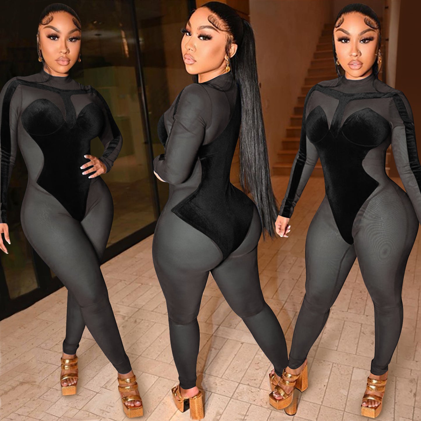 Dame Elegant Bodysuit med transparente indlæg og dyb udskæring Stilla