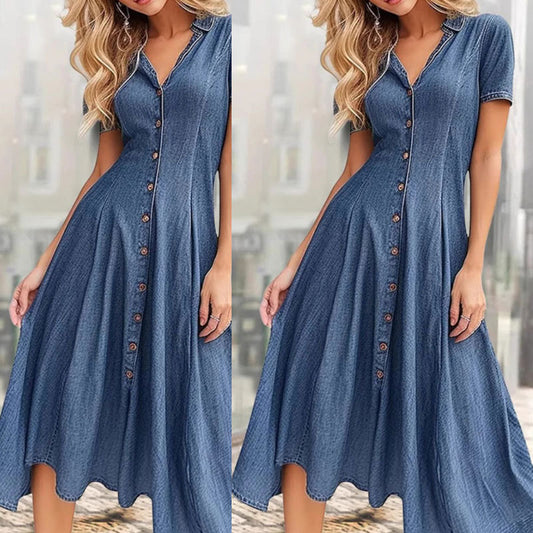 Dame Denim Knap-Up Midi Kjole Stilla