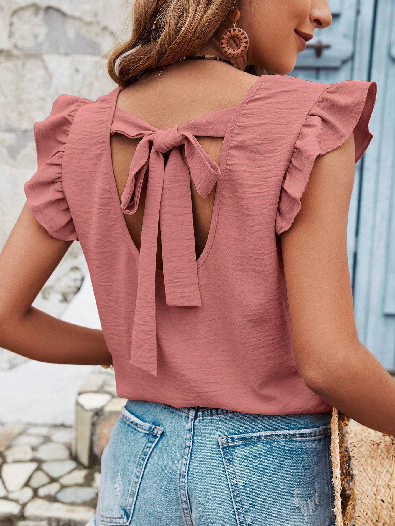 Dame elegant bluse med legende rygudskæring og frynset ærmer Stilla