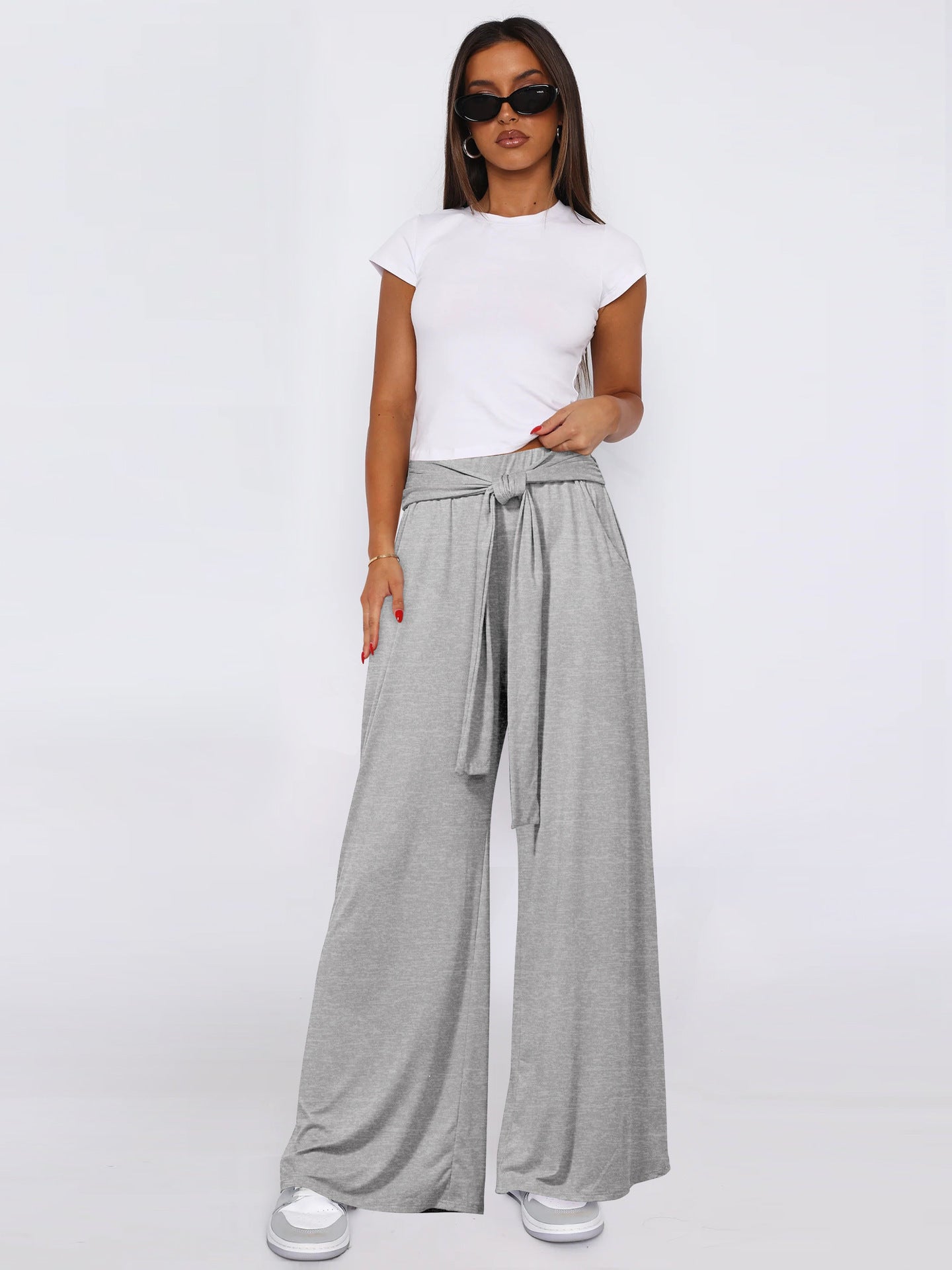 Dame elegant højtaljede bukser med bindebælte og bredt ben Stilla